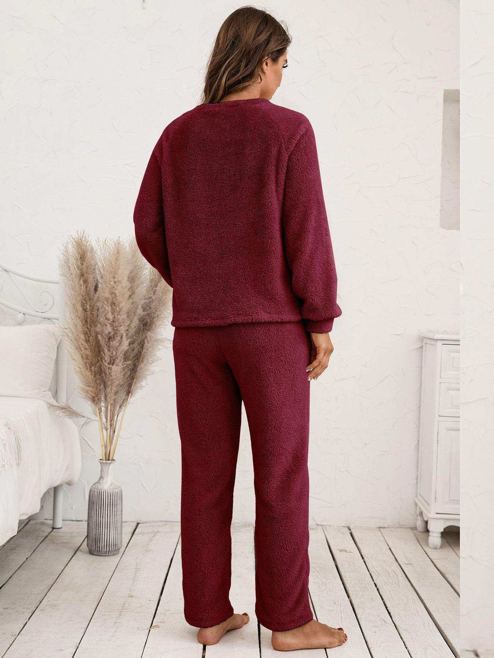 Teddy Long Sleeve Top and Pants Lounge Set - Trendsi - Flyclothing LLC
