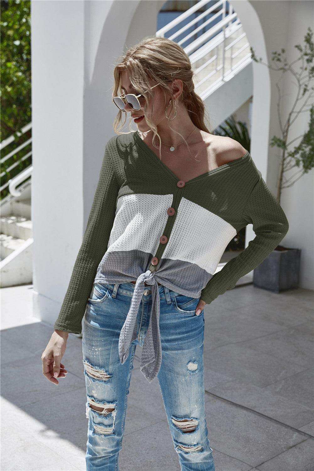 Twisted Waffle-knit Color Block Buttoned Blouse - Trendsi - Flyclothing LLC