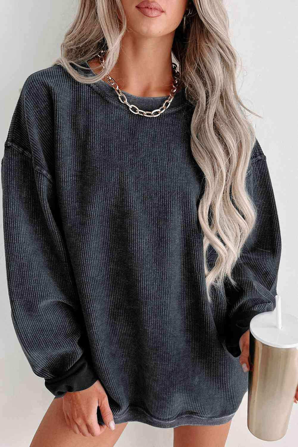 Round Neck Dropped Shoulder Sweatshirt - Trendsi - Flyclothing LLC