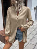 Notched Neck Balloon Sleeve Shirt - Trendsi - Flyclothing LLC