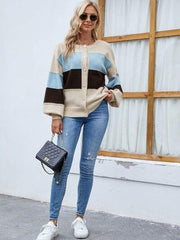 Color Block Button Up Lantern Sleeve Cardigan - Trendsi