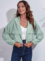 Drawstring Hooded Zip Up Jacket with Pockets - Trendsi