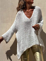 Contrast V-Neck Long Sleeve Sweater - Trendsi - Flyclothing LLC