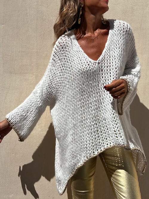 Contrast V-Neck Long Sleeve Sweater - Trendsi - Flyclothing LLC