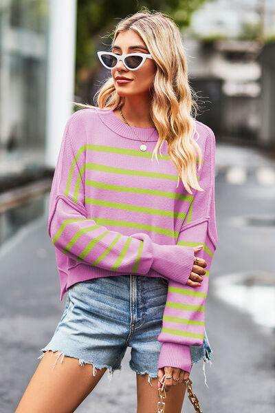 Striped Round Neck Drop Shoulder Slit Sweater - Trendsi - Flyclothing LLC