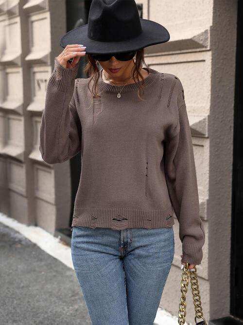 Cutout Round Neck Long Sleeve Sweater - Trendsi - Flyclothing LLC