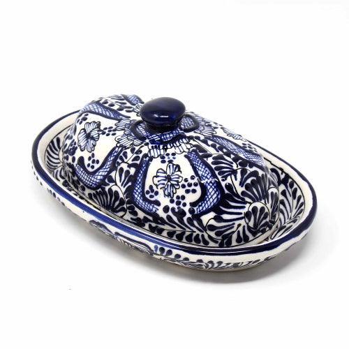 Handmade Pottery Butter Dish, Blue Flower - Encantada - Encantada