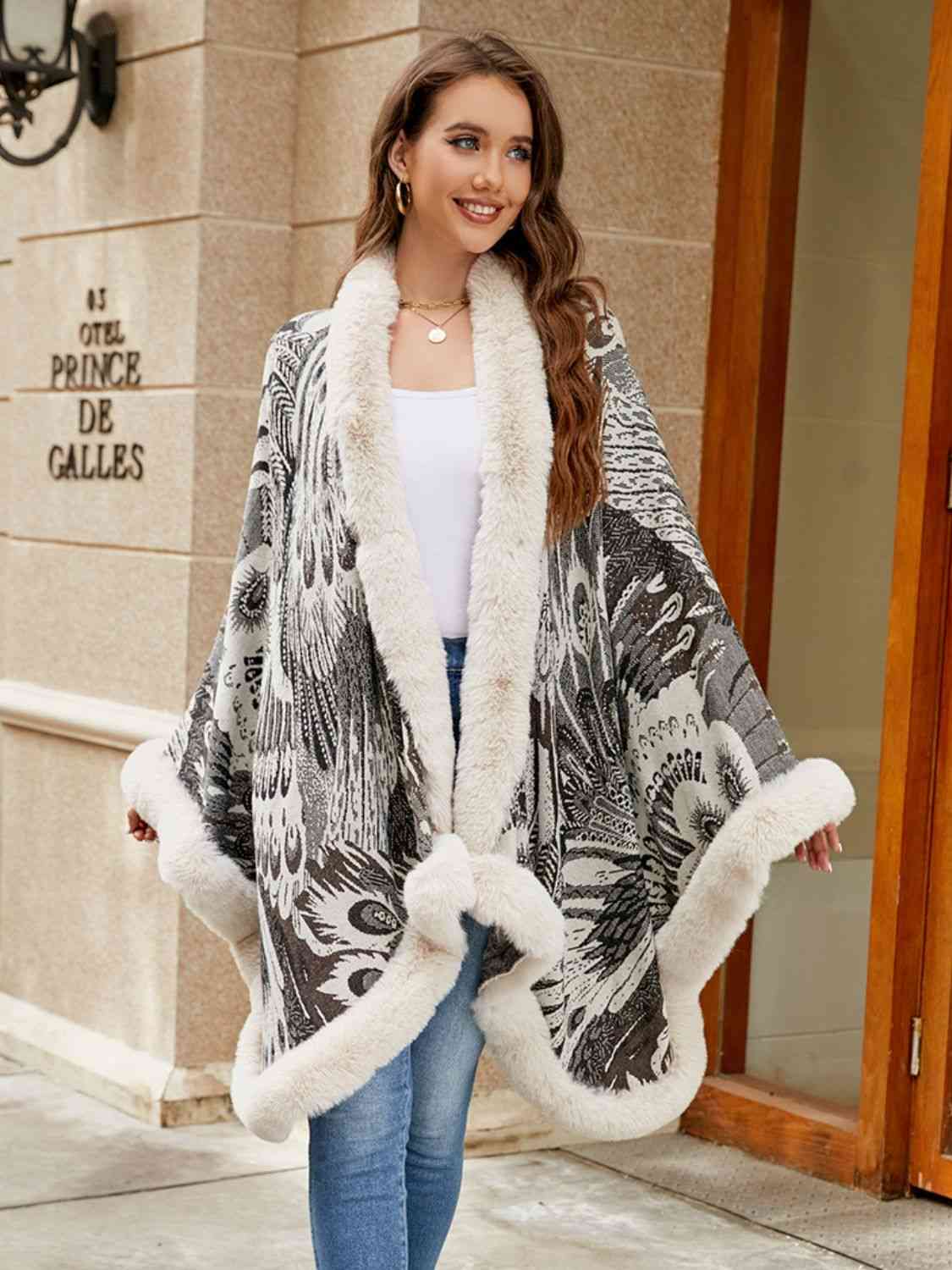 Printed Open Front Poncho - Trendsi - Flyclothing LLC