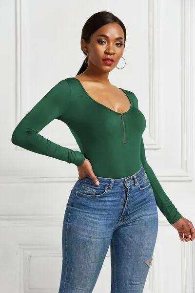 Half Zip Scoop Neck Long Sleeve Bodysuit - Trendsi - Flyclothing LLC