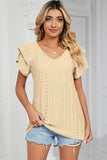 Eyelet V-Neck Short Sleeve T-Shirt - Trendsi - Flyclothing LLC