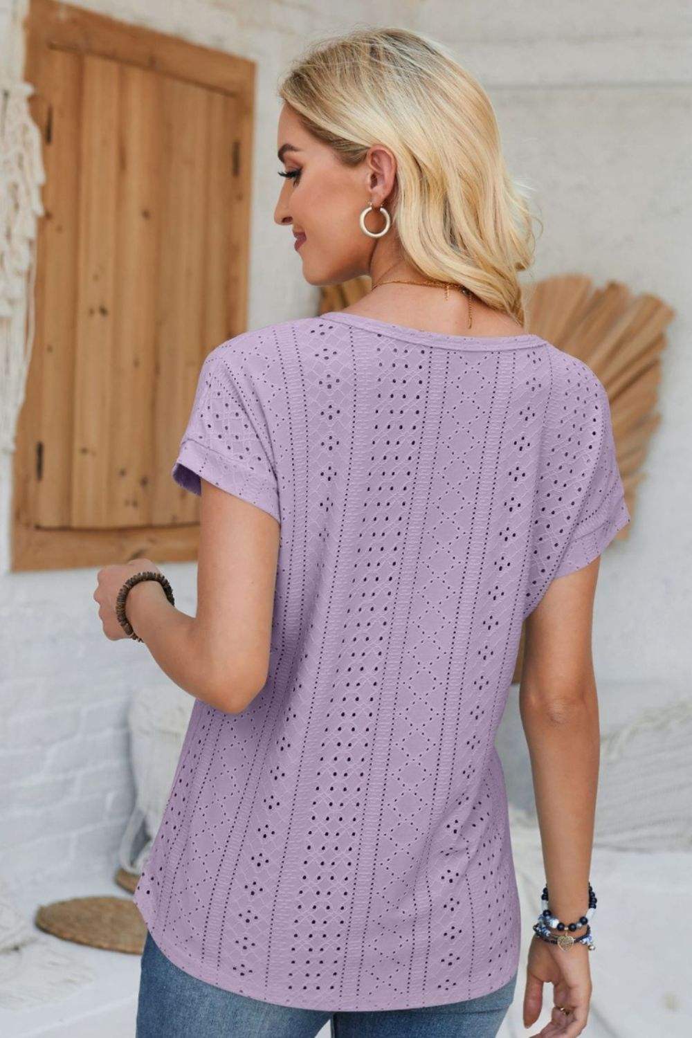 Eyelet Round Neck Rolled Short Sleeve T-Shirt - Trendsi - Flyclothing LLC