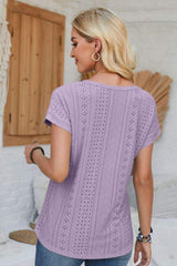 Eyelet Round Neck Rolled Short Sleeve T-Shirt - Trendsi - Flyclothing LLC