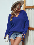 Distressed V-Neck Drop Shoulder Sweater - Trendsi