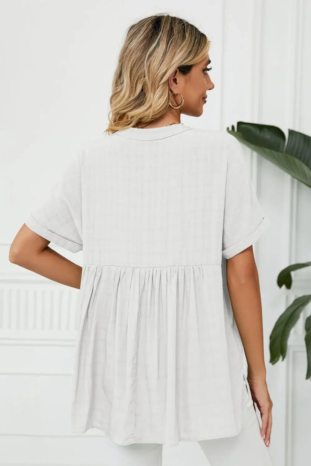 Side Slit Notched Neck Cuffed Short Sleeve Blouse - Trendsi - Flyclothing LLC