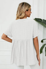 Side Slit Notched Neck Cuffed Short Sleeve Blouse - Trendsi - Flyclothing LLC