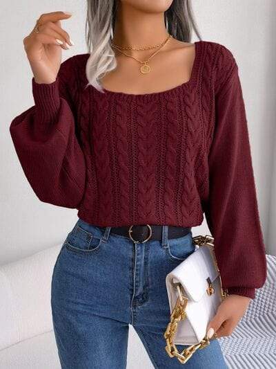 Cable-Knit Square Neck Long Sleeve Sweater - Trendsi - Flyclothing LLC