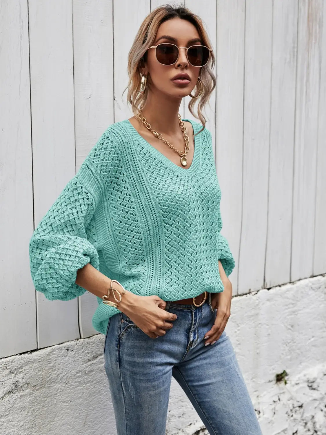 V-Neck Dropped Shoulder Sweater - Trendsi - Flyclothing LLC