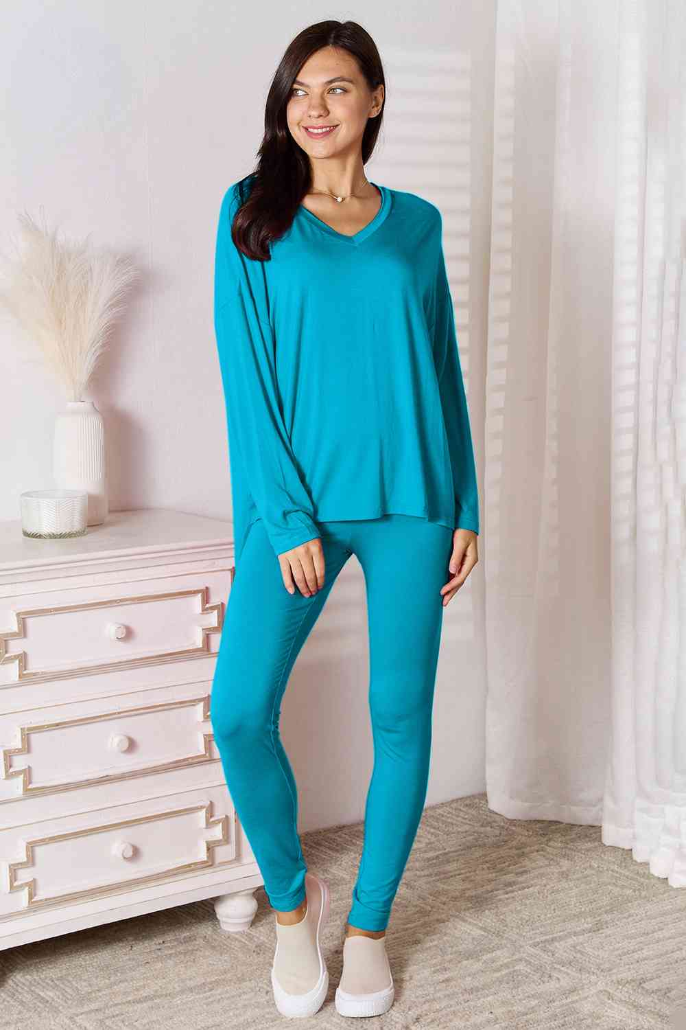 Basic Bae Full Size V-Neck Soft Rayon Long Sleeve Top and Pants Lounge Set - Trendsi - Flyclothing LLC