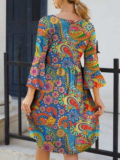 Paisley Print Round Neck Three-Quarter Sleeve Dress - Trendsi - Flyclothing LLC