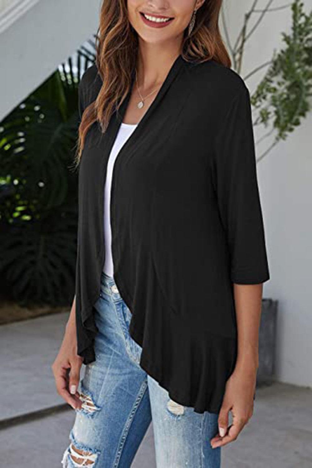 Open Front Ruffle Trim Cardigan - Trendsi