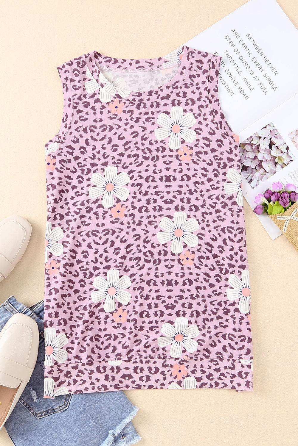 Printed Side Slit Round Neck Tank - Trendsi - Flyclothing LLC