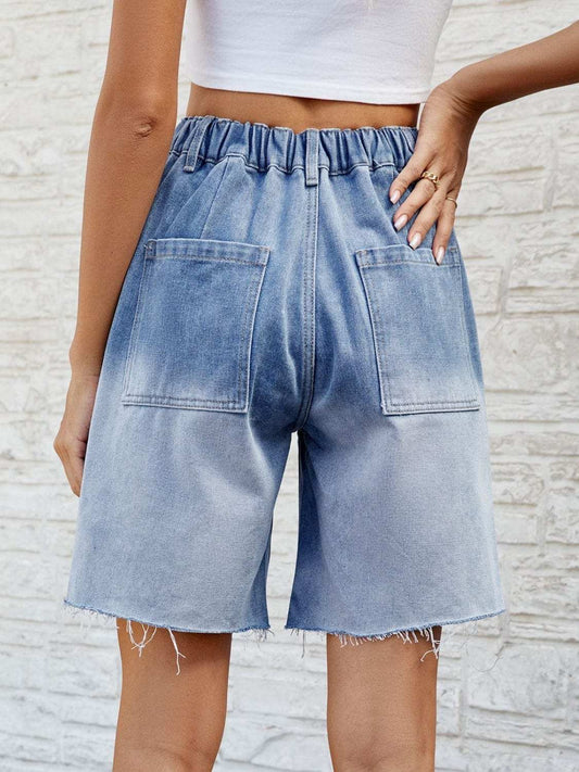 Buttoned Raw Hem Denim Shorts with Pockets - Trendsi - Flyclothing LLC