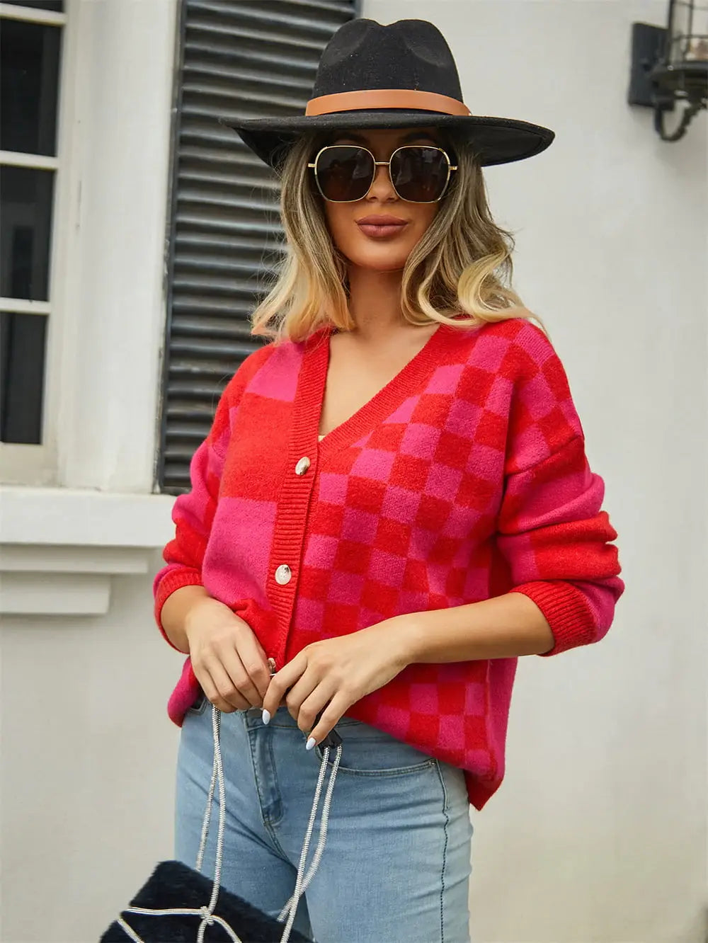 Plaid V-Neck Dropped Shoulder Cardigan - Trendsi - Flyclothing LLC