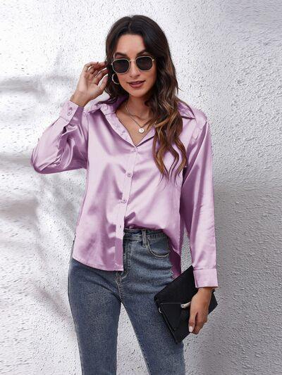 Button Up Collared Neck Long Sleeve Shirt - Trendsi