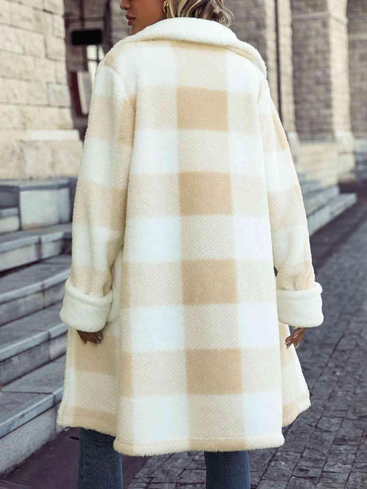 Plaid Button Down Coat with Pockets - Trendsi