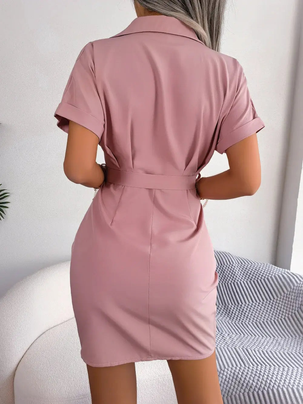 Button Down Ruched Tie Belt Dress - Trendsi - Flyclothing LLC