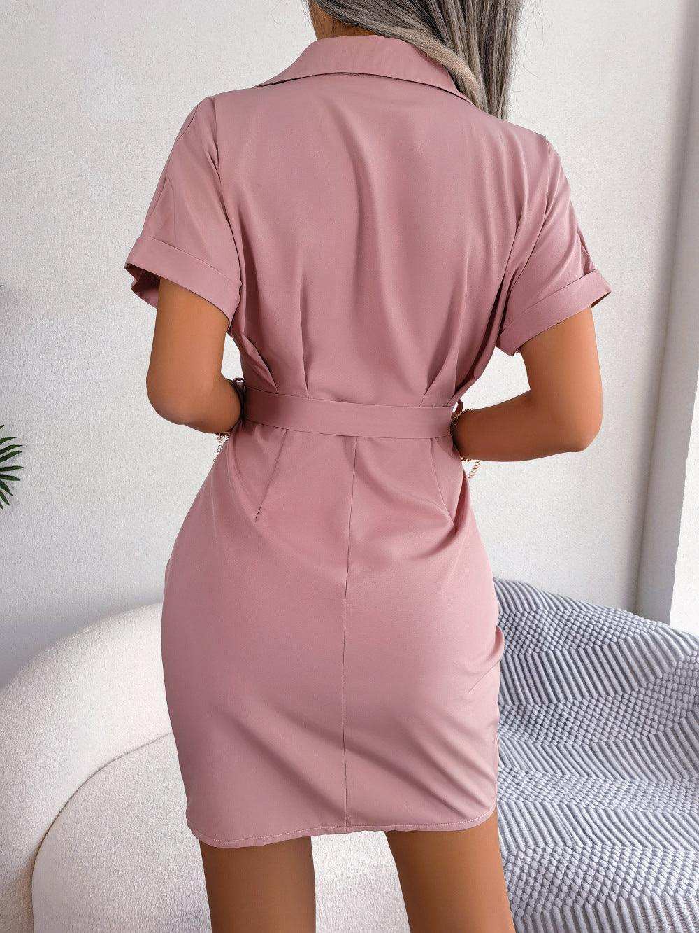 Button Down Ruched Tie Belt Dress - Trendsi - Flyclothing LLC
