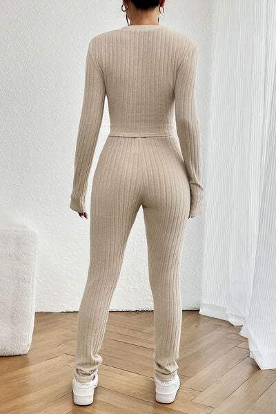 Ribbed V-Neck Long Sleeve Cropped Top and Pants Set - Trendsi - Flyclothing LLC