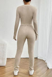 Ribbed V-Neck Long Sleeve Cropped Top and Pants Set - Trendsi