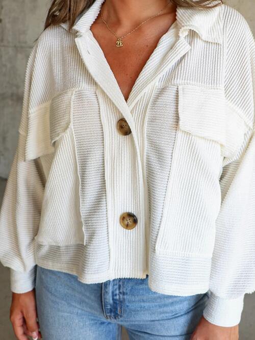Ribbed Collared Neck Button Up Jacket - Trendsi