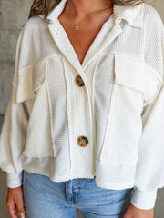 Ribbed Collared Neck Button Up Jacket - Trendsi