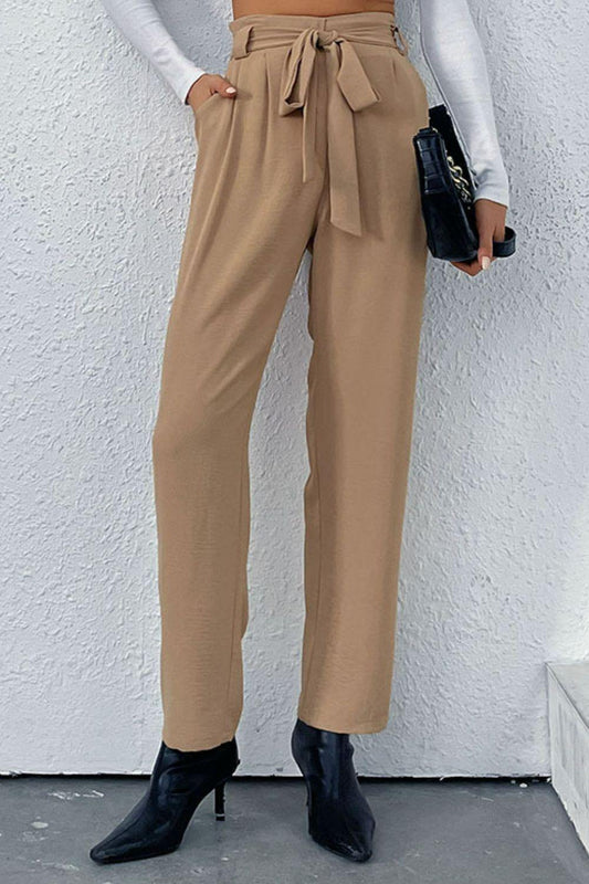 Belted Straight Leg Pants with Pockets - Trendsi
