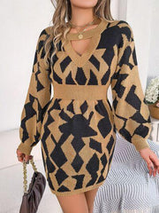 Contrast Round Neck Cutout Long Sleeve Mini Sweater Dress - Trendsi