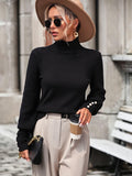 Mock Neck Ribbed Lantern Sleeve Pullover Sweater - Trendsi