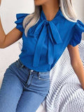 Tie Neck Cap Sleeve Blouse - Trendsi - Flyclothing LLC