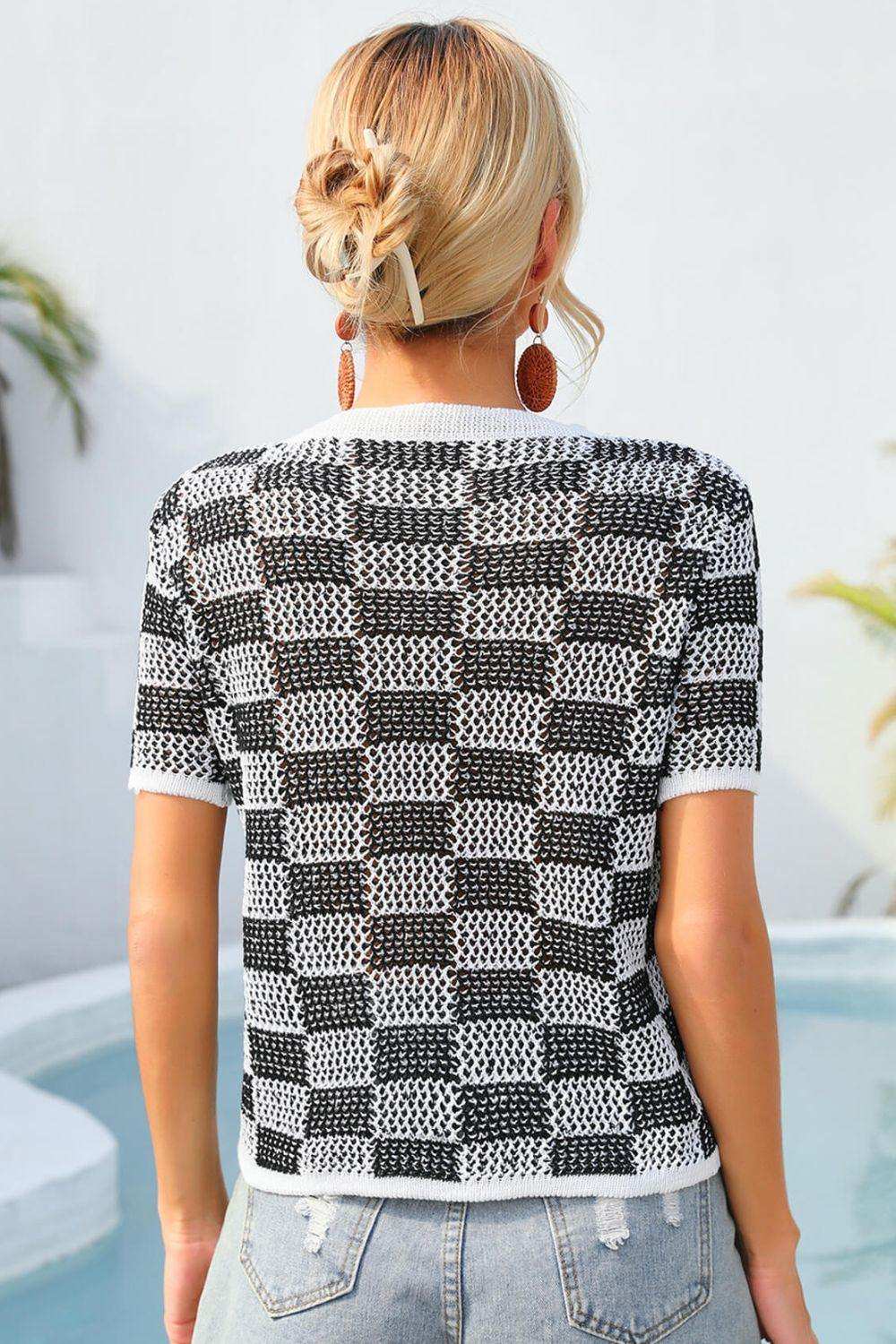 Checkered Short Sleeve Knit Top - Trendsi - Flyclothing LLC