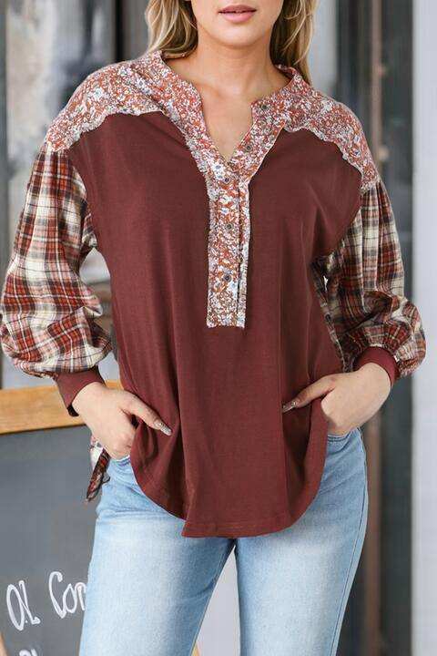Plaid Notched Neck Slit Blouse - Trendsi - Flyclothing LLC