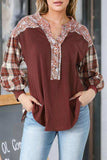 Plaid Notched Neck Slit Blouse - Trendsi - Flyclothing LLC