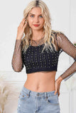 Pearl Long Sleeve Mesh Cropped Top - Trendsi - Flyclothing LLC