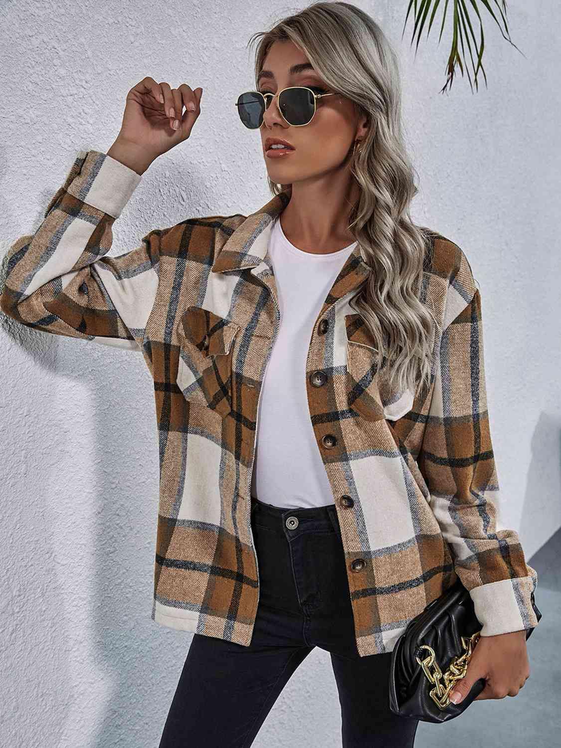 Plaid Button Down Collared Jacket - Trendsi
