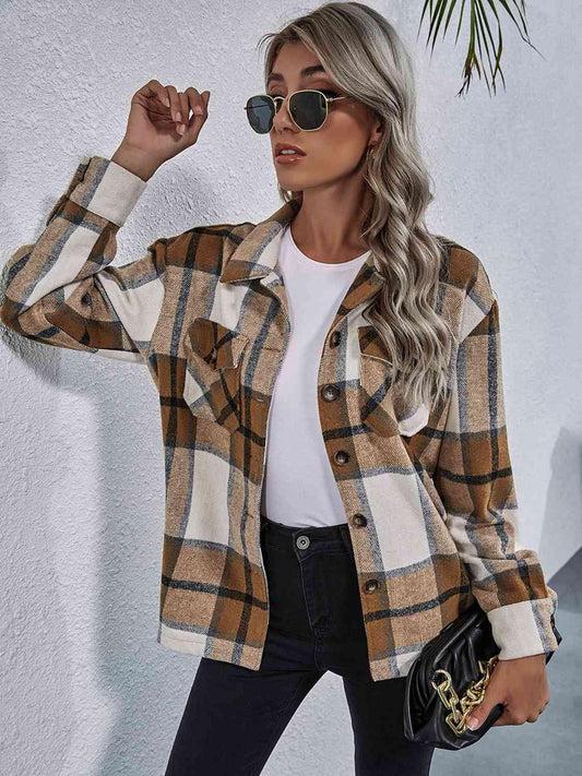 Plaid Button Down Collared Jacket - Trendsi