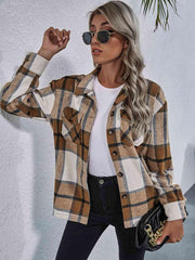 Plaid Button Down Collared Jacket - Trendsi