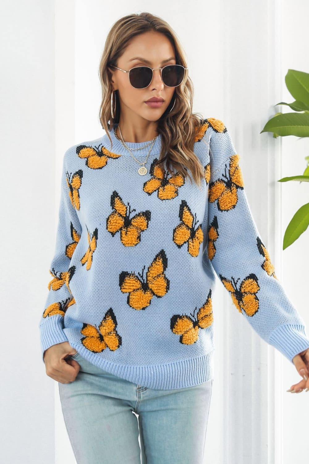 Butterfly Pattern Round Neck Dropped Shoulder Sweater - Trendsi