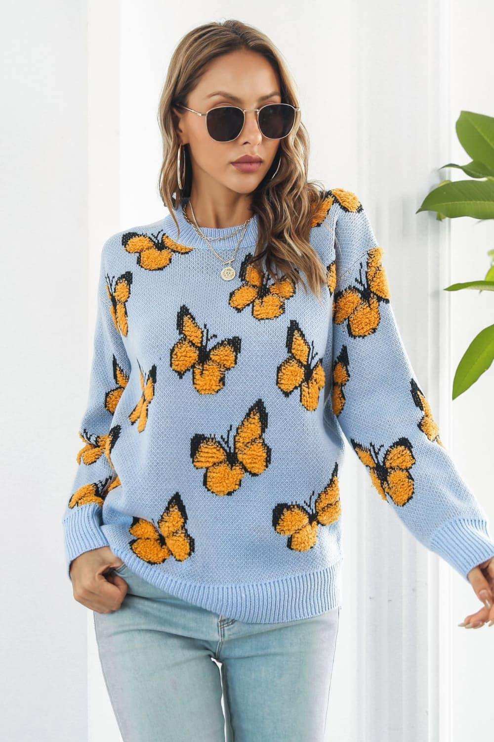 Butterfly Pattern Round Neck Dropped Shoulder Sweater - Trendsi - Flyclothing LLC