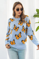 Butterfly Pattern Round Neck Dropped Shoulder Sweater - Trendsi