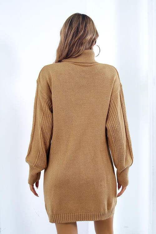 Openwork Turtleneck Long Sleeve Sweater Dress - Trendsi - Flyclothing LLC